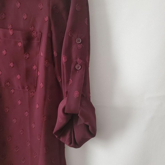 Express Women's Wine Red Slim Dotted Sheer Roll Tab Sleeve Portofino Shirt S/P - Picture 13 of 15